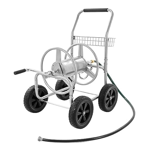 VEVOR Hose Reel Cart, Hold Up to 250 ft of 5/8’’ Hose, Garden Water Hose Carts Mobile Tools with 4 Wheels, Heavy Duty Powder-coated Steel Outdoor Planting with Storage Basket, for Garden, Yard, Lawn