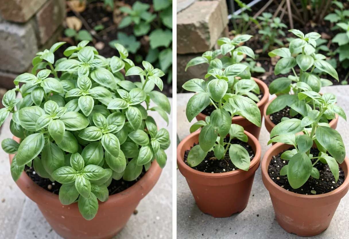 Container gardening setup showing proper spacing, answering Should I Plant a Lot of Basils in One Pot.