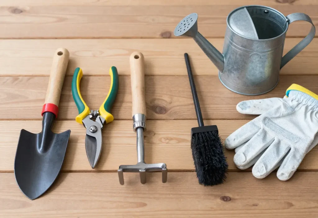 Best Gardening Tools: Essential hand tools including trowel, pruners, gloves, and watering can for home gardening.