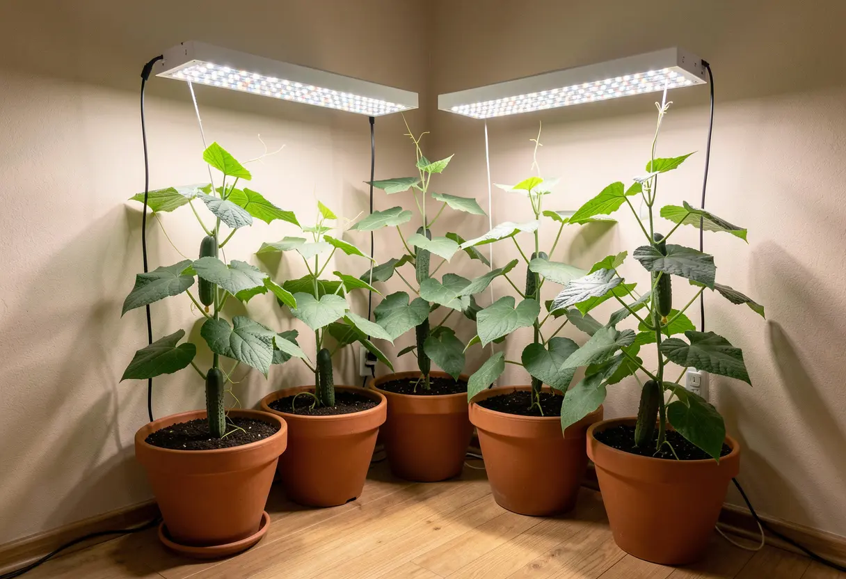 Indoor gardening setup showing Can I Grow Cucumbers Indoors using pots and grow lights.