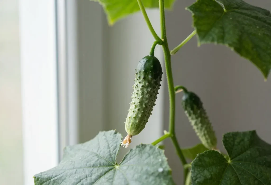 Can I Grow Cucumbers Indoors: Close-up of cucumbers forming on indoor-grown plants.