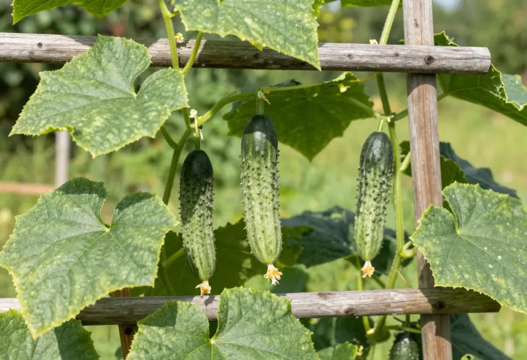 Vertical garden setup showing Cucumbers Grow on Trellis for better air circulation and yield.