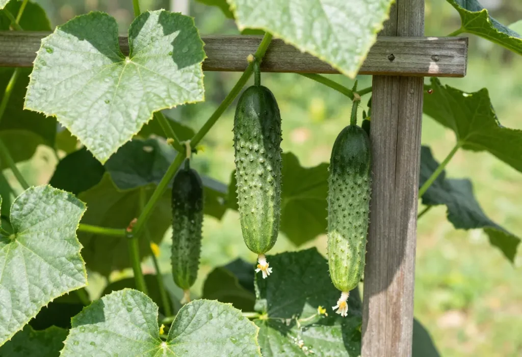 Close-up of cucumbers growing on trellis, illustrating how Cucumbers Grow on Trellis successfully.