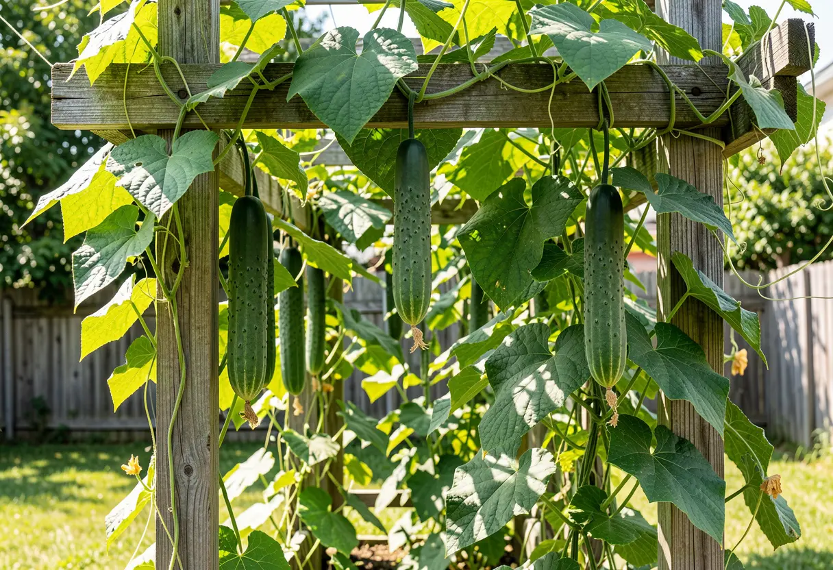 Cucumbers Grow on Trellis: Healthy cucumber vines climbing a garden trellis with fruits hanging.
