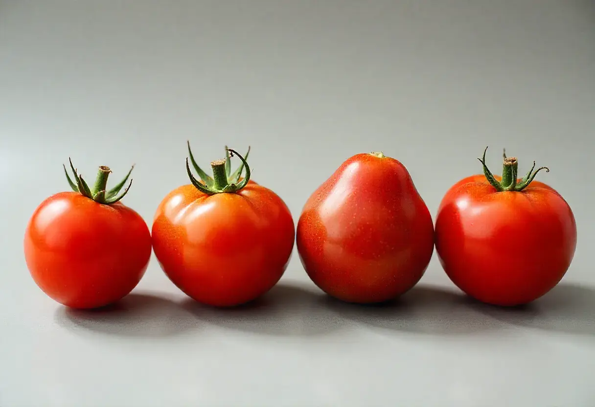 Different Types of Tomatoes: Colorful varieties of tomatoes showing size, shape, and color differences.