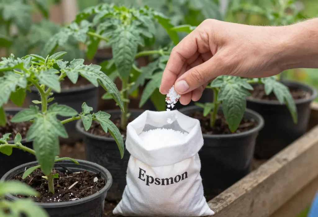 Healthy tomato plant thriving after treatment, illustrating the benefits of Epsom Salt for Tomato Plants.