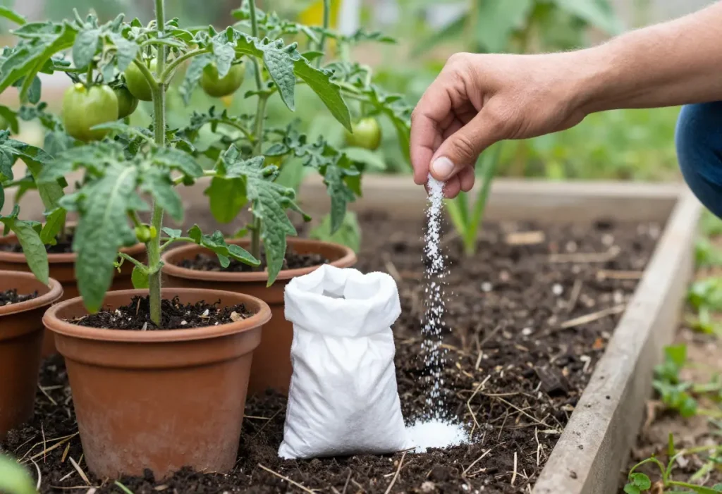 Hands mixing Epsom salt into soil, demonstrating Epsom Salt for Tomato Plants application.