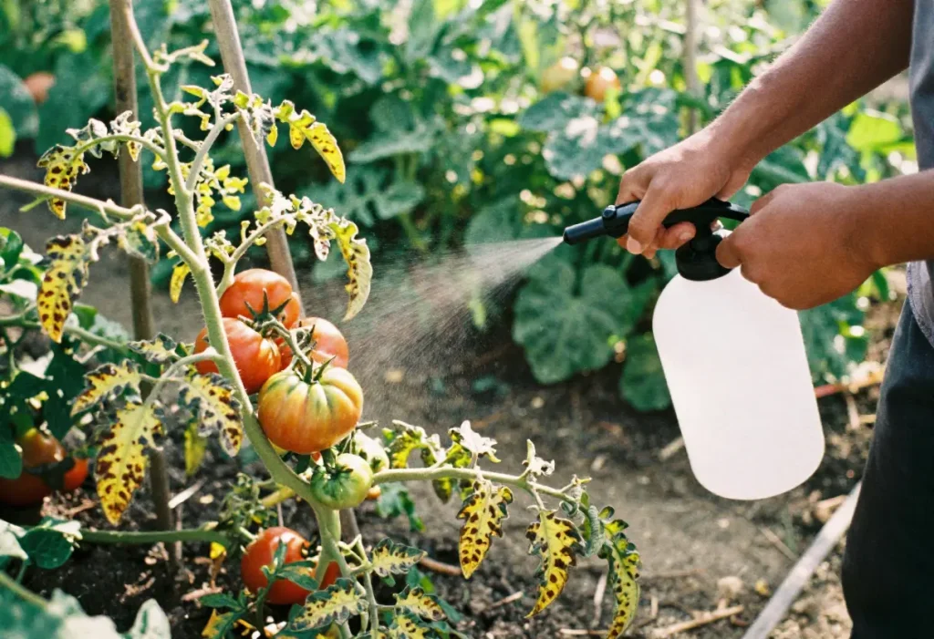 Fungicide for Tomato Plants: Garden setup showing prevention of common tomato fungal diseases.
