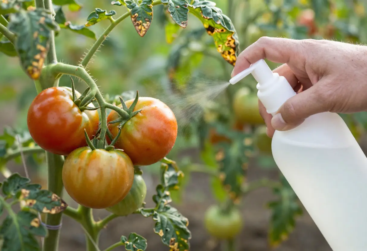 Fungicide for Tomato Plants: Spraying tomato plants with protective fungicide to prevent leaf diseases.
