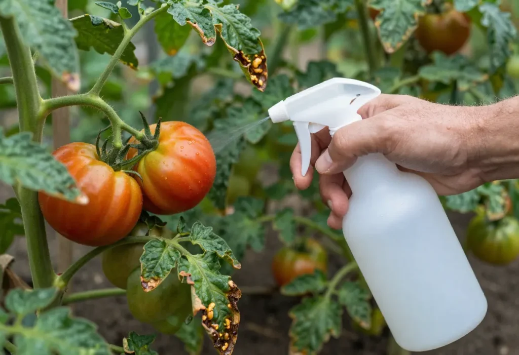 Close-up of tomato plant leaves being treated with Fungicide for Tomato Plants to stop fungal infection.