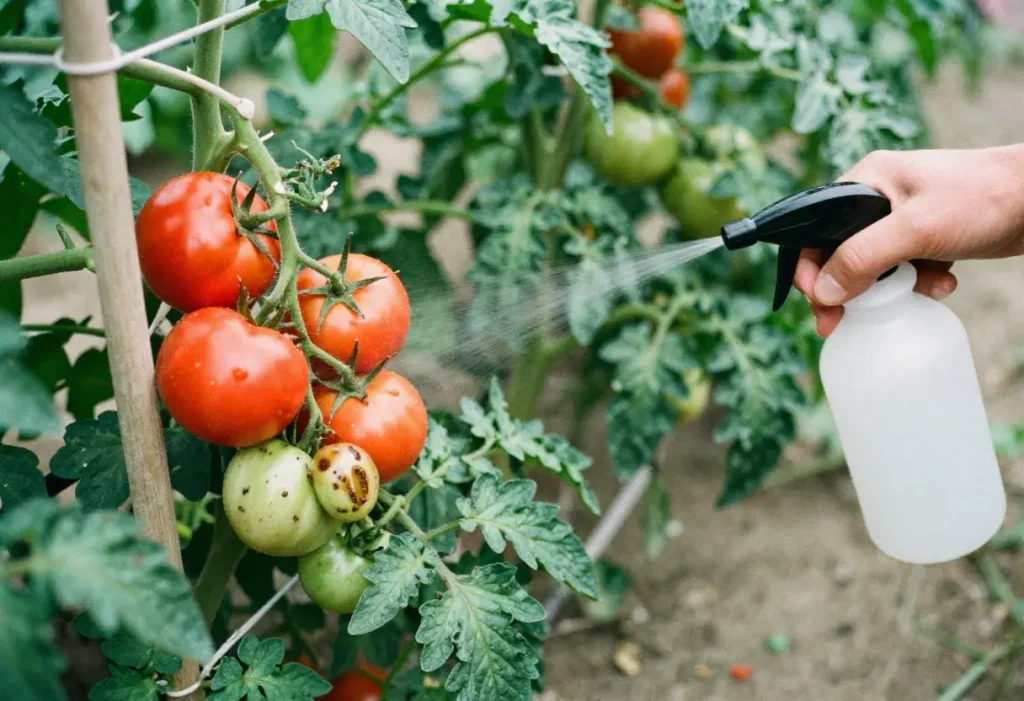 Applying fungicide to tomato leaves, demonstrating Fungicide for Tomato Plants in action.