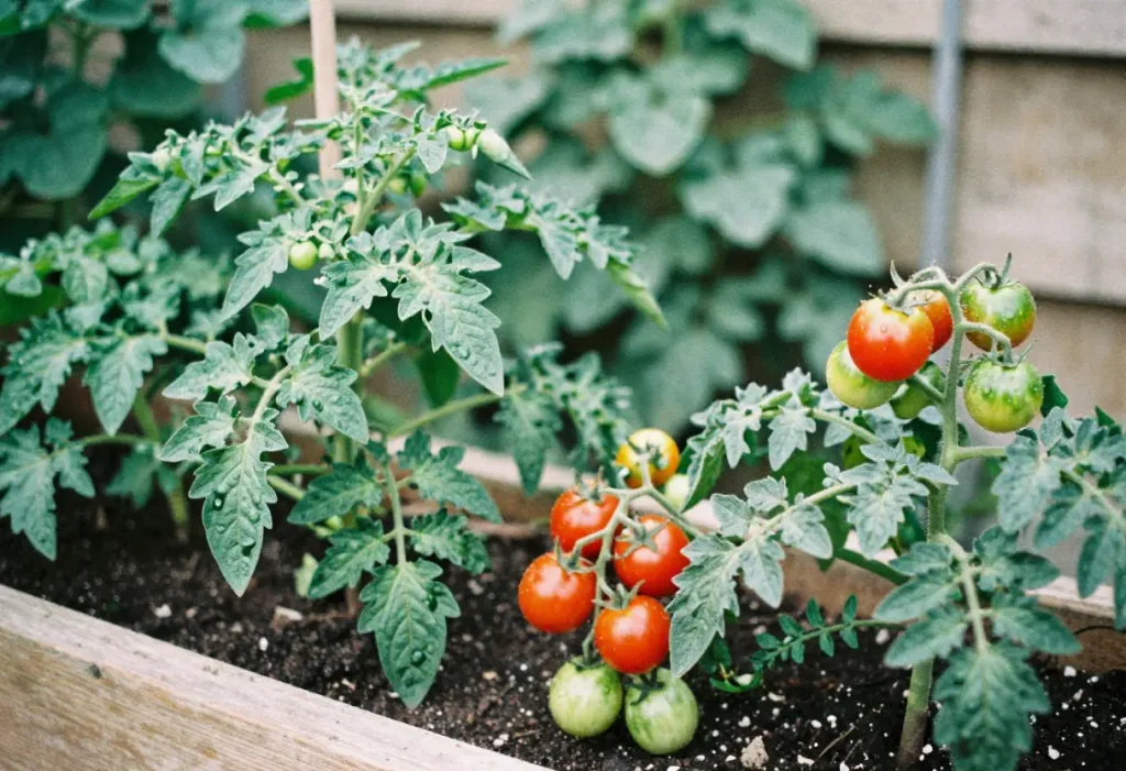 cluster of cherry tomatoes on plant demonstrating grape vs cherry tomatoes comparison
