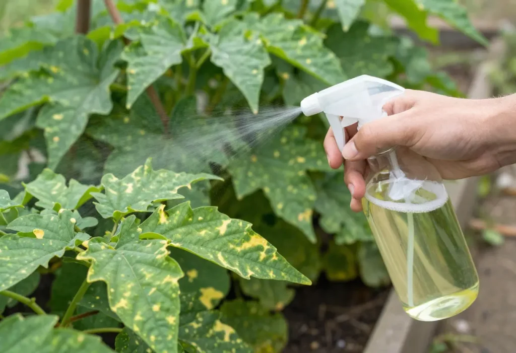 spraying natural home remedy for powdery mildew on infected garden plants