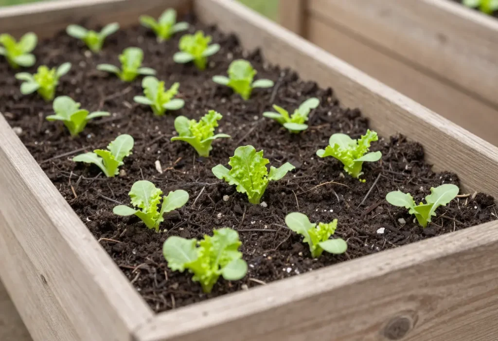 How Deep to Plant Lettuce Seeds: Raised bed with evenly spaced lettuce seeds planted at correct depth.