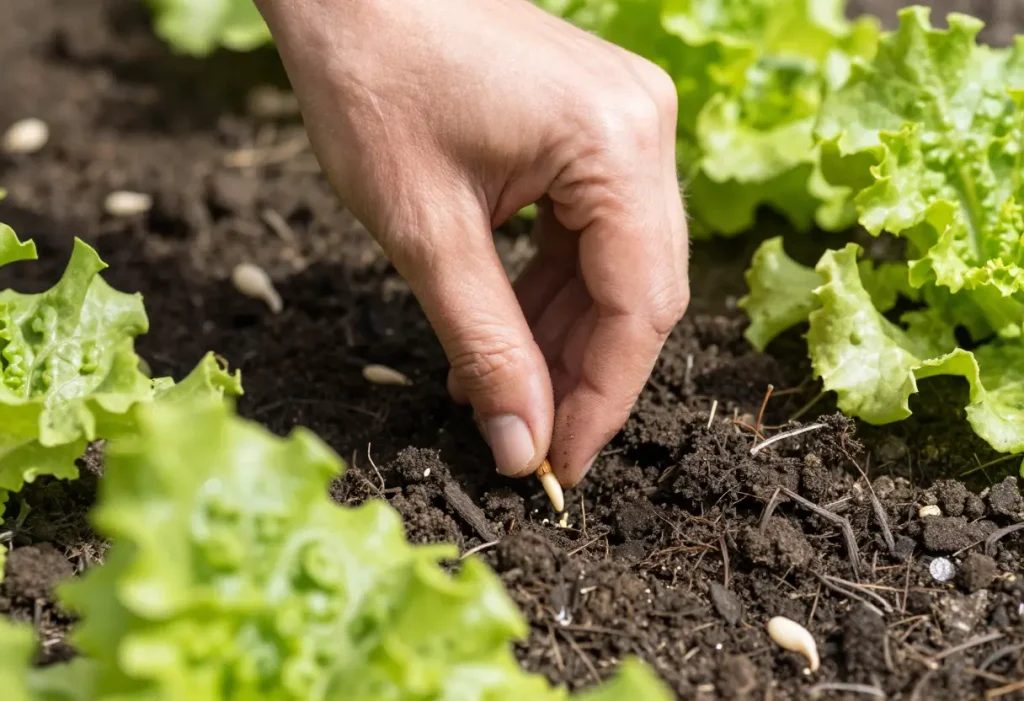 How Deep to Plant Lettuce Seeds: Close-up of small lettuce seeds being gently planted in soil.