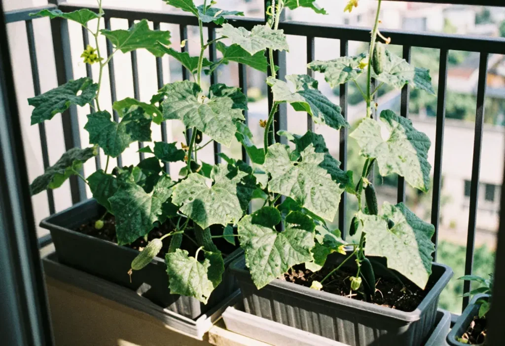 How Do I Grow Cucumbers in Pots: Healthy cucumber plant climbing a trellis in a container