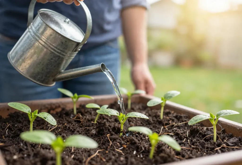 How Do I Grow Cucumbers in Pots: Young cucumber seedlings planted in a well-draining potting mix.