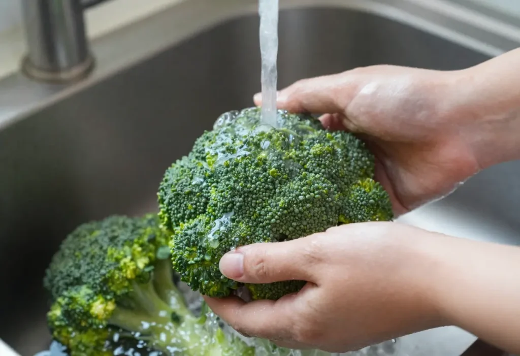 How Do You Store Broccoli: Washing and drying broccoli before refrigerating for longer freshness.