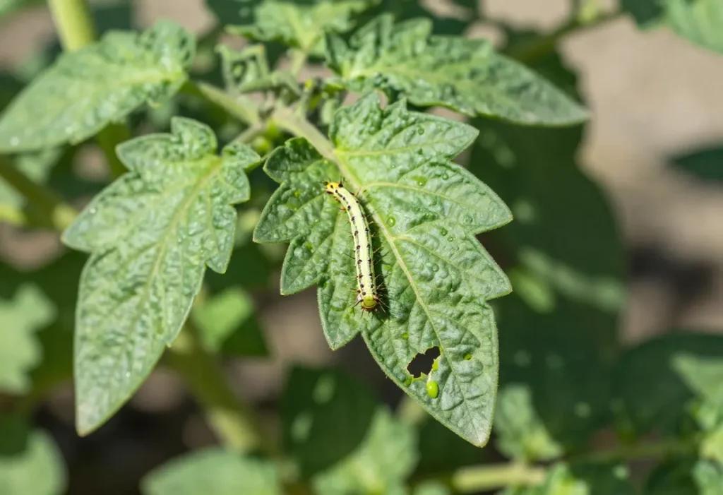 hand removing cutworm from garden plant as part of how to get rid of cutworms process