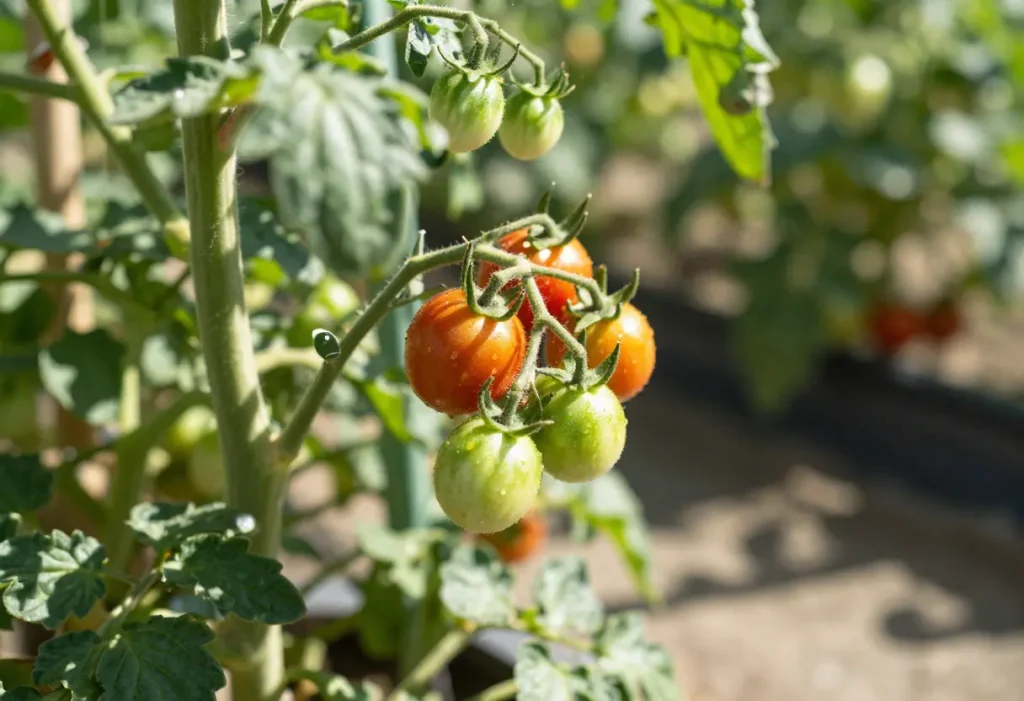 How to Grow Cherry Tomatoes? Small red cherry tomatoes ripening on a healthy vine in a garden.