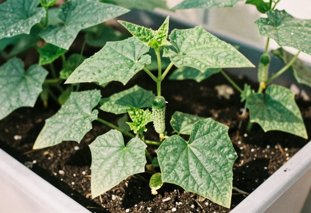 How to Grow Mini Cucumbers: Small cucumber plants producing mini cucumbers in a home garden.
