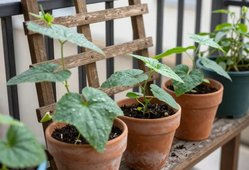 How to Grow Mini Cucumbers: Close-up of mini cucumbers developing on healthy vines.