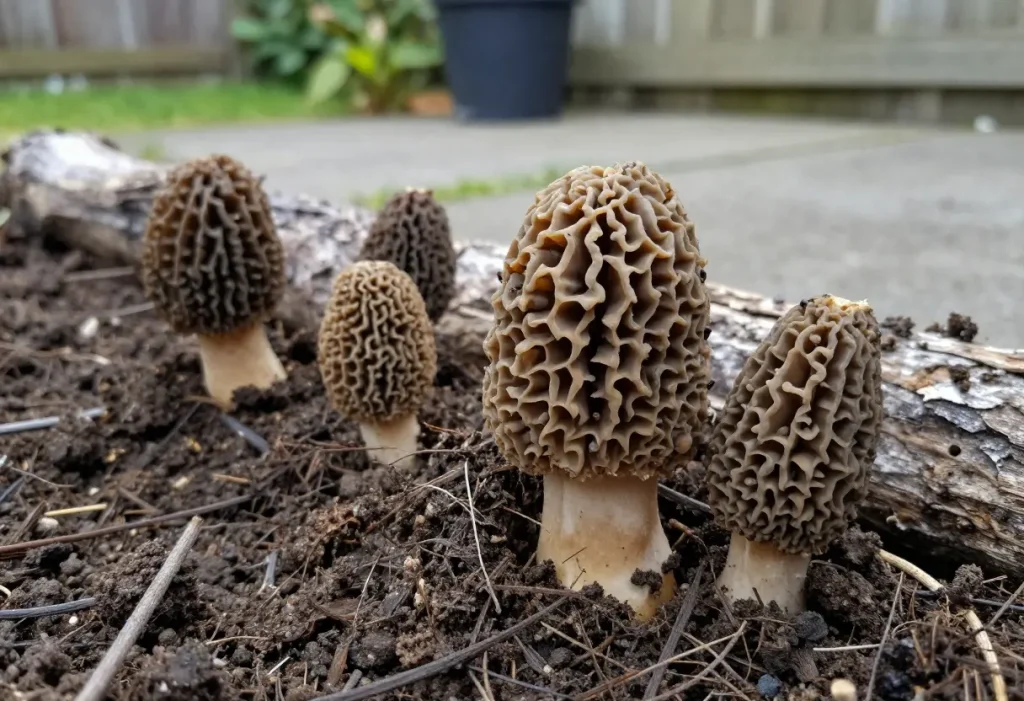 How to Grow Morel Mushrooms: Close-up of unique morel caps emerging from forest-like substrate.