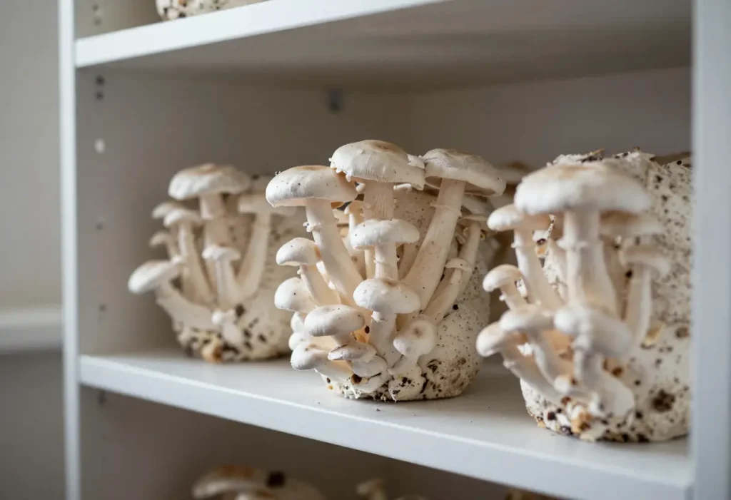 How to Grow Mushrooms at Home: Fresh mushrooms growing in a small indoor cultivation setup.