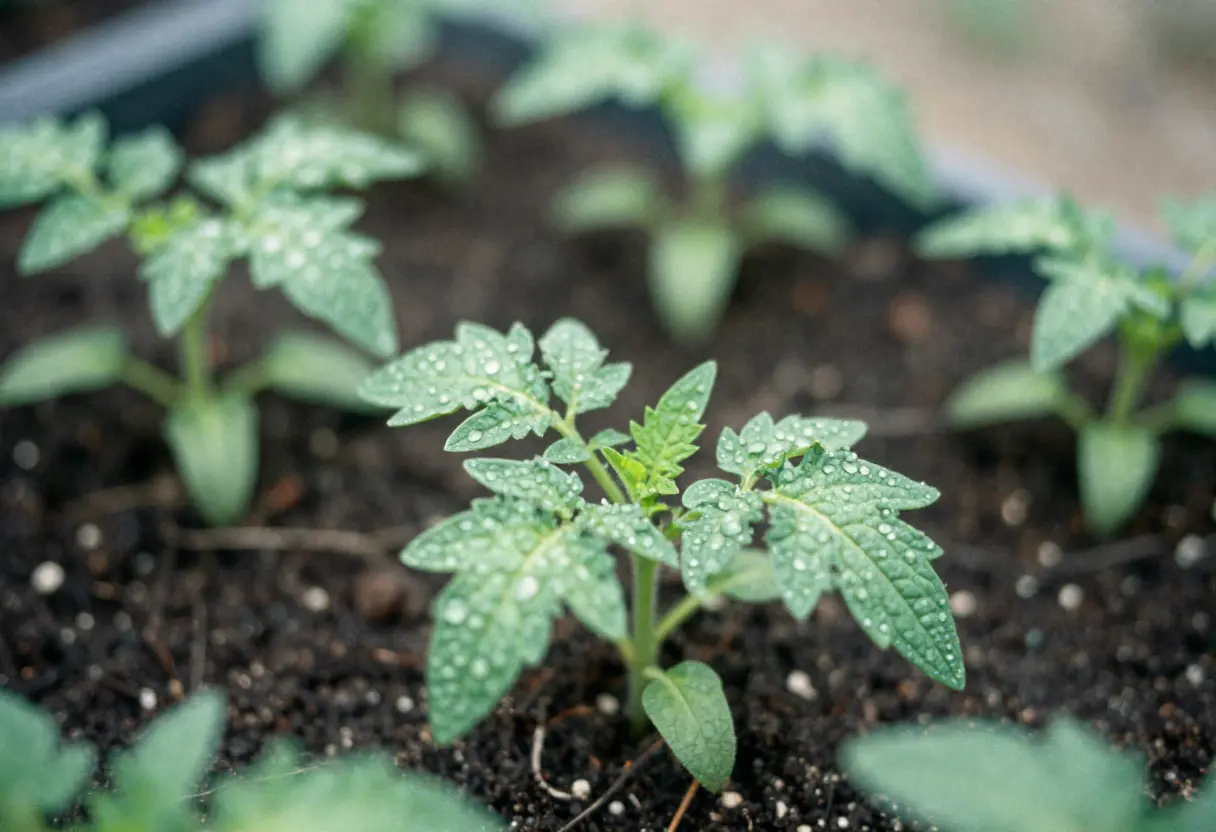How to Grow Tomatoes from Seeds. Young tomato seedlings sprouting in small pots with nutrient-rich soil.