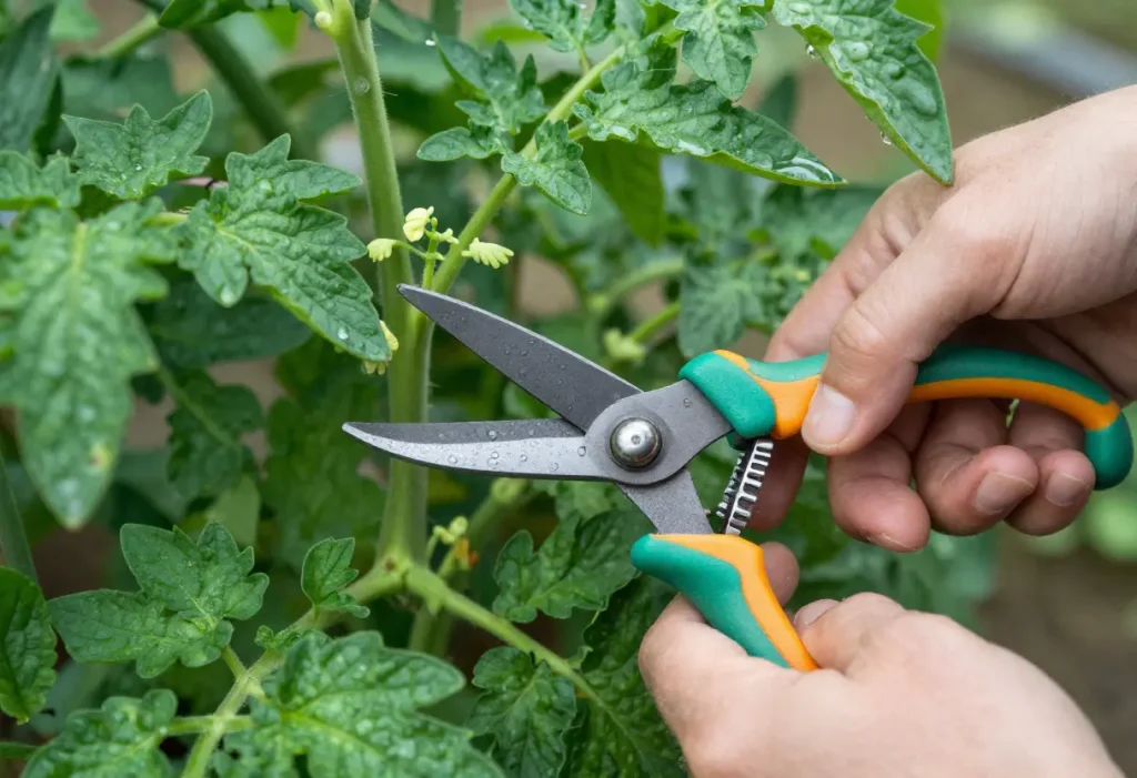 Step-by-step guide on How to Prune Tomato Plants with pruning shears, showing proper cutting technique.