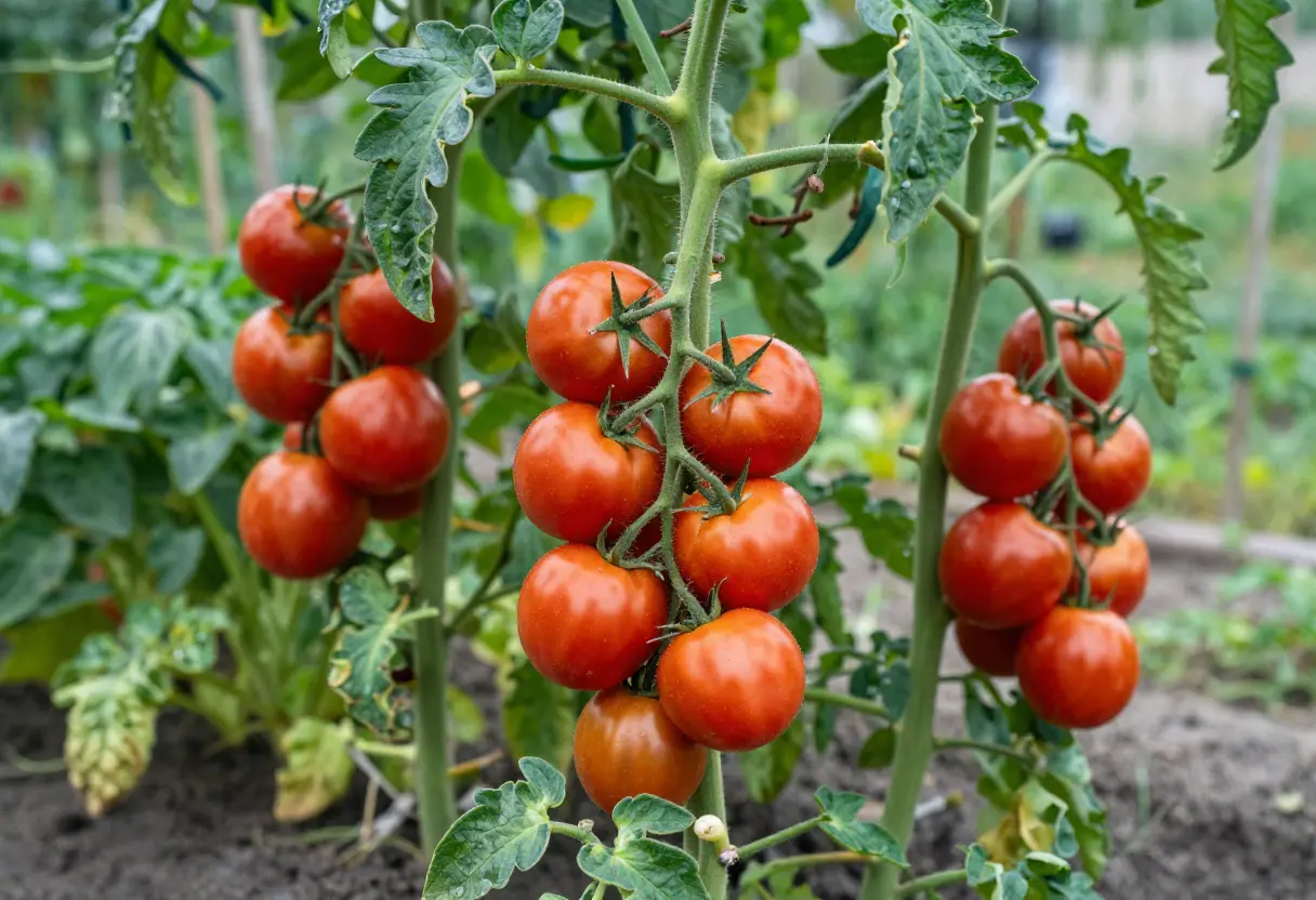 Mortgage Lifter tomato plants with large green foliage and red heirloom tomatoes in a garden bed