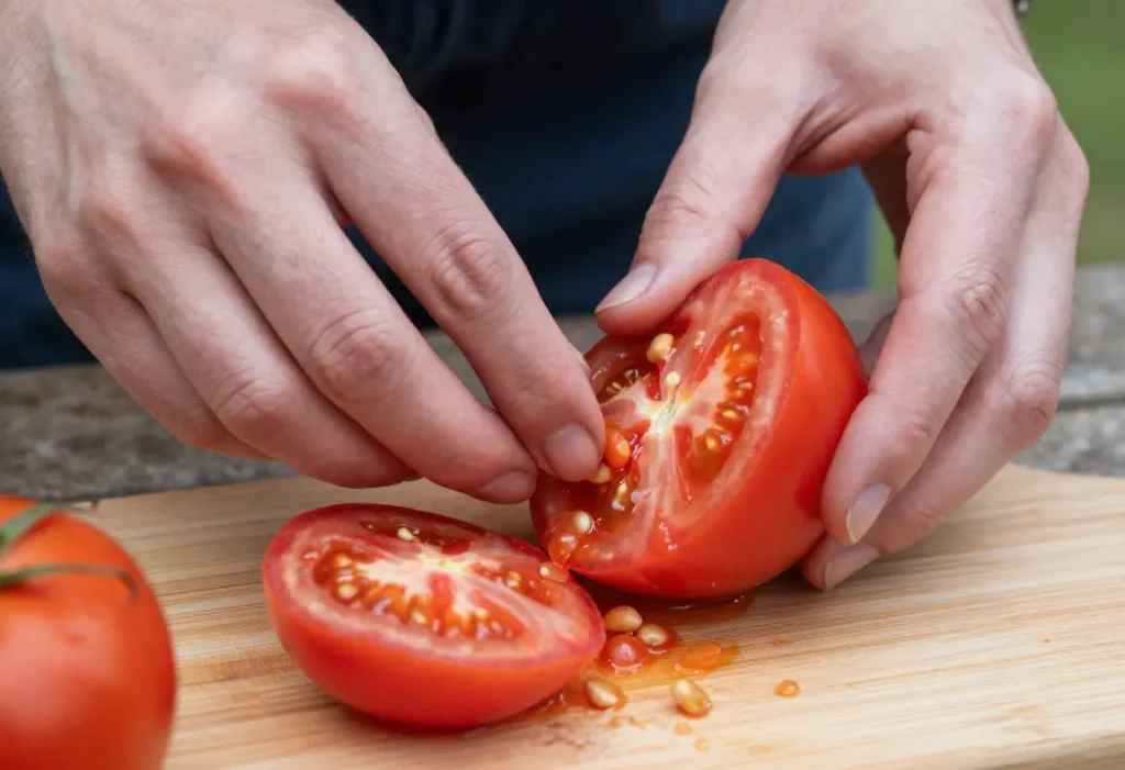 Planting Tomato Seeds from Tomatoes: Healthy seedlings sprouting from seeds extracted from fresh tomatoes.