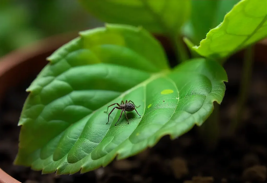Signs of Spider Mites on Indoor Plants: Tiny red or brown mites visible on the underside of leaves.
