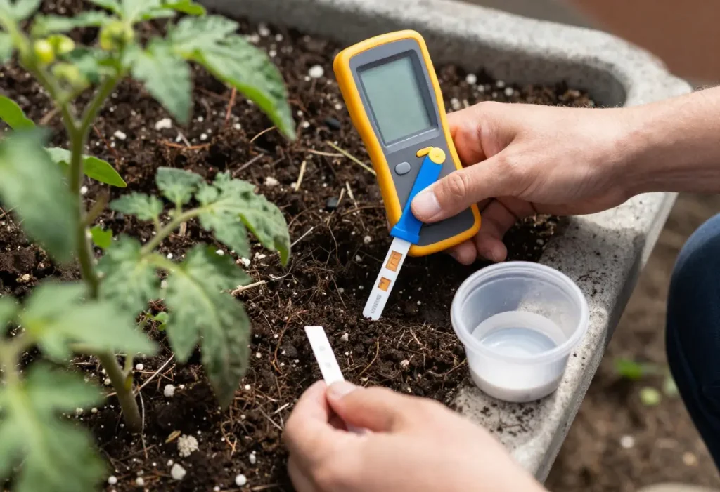 gardener performing soil test for tomatoes in backyard vegetable garden