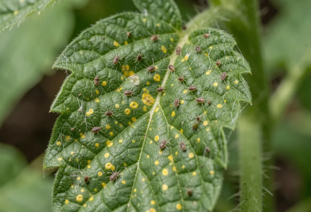 Close-up of plant leaves treated with Spider Mites Home Remedy using neem oil or soapy water.