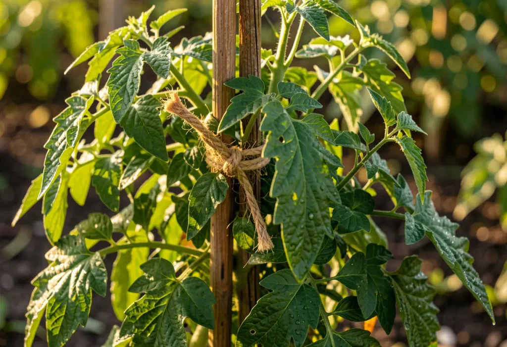Close-up showing Supporting a Tomato Plant with garden twine and bamboo stakes.