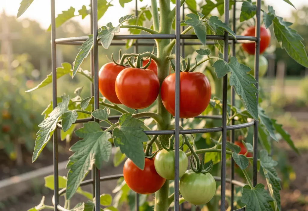 Supporting a Tomato Plant: Tomato plant tied to a wooden stake for strong upright growth.