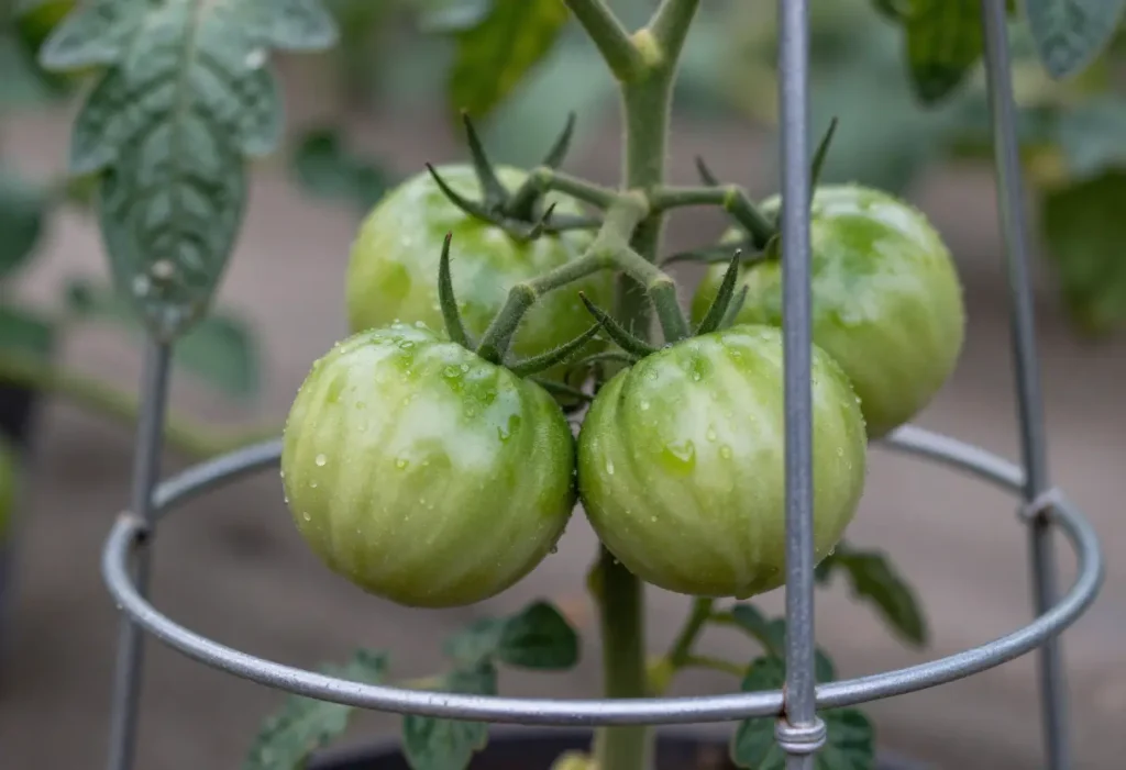 Garden setup illustrating Supporting a Tomato Plant with vertical cages and stakes for optimal yield.