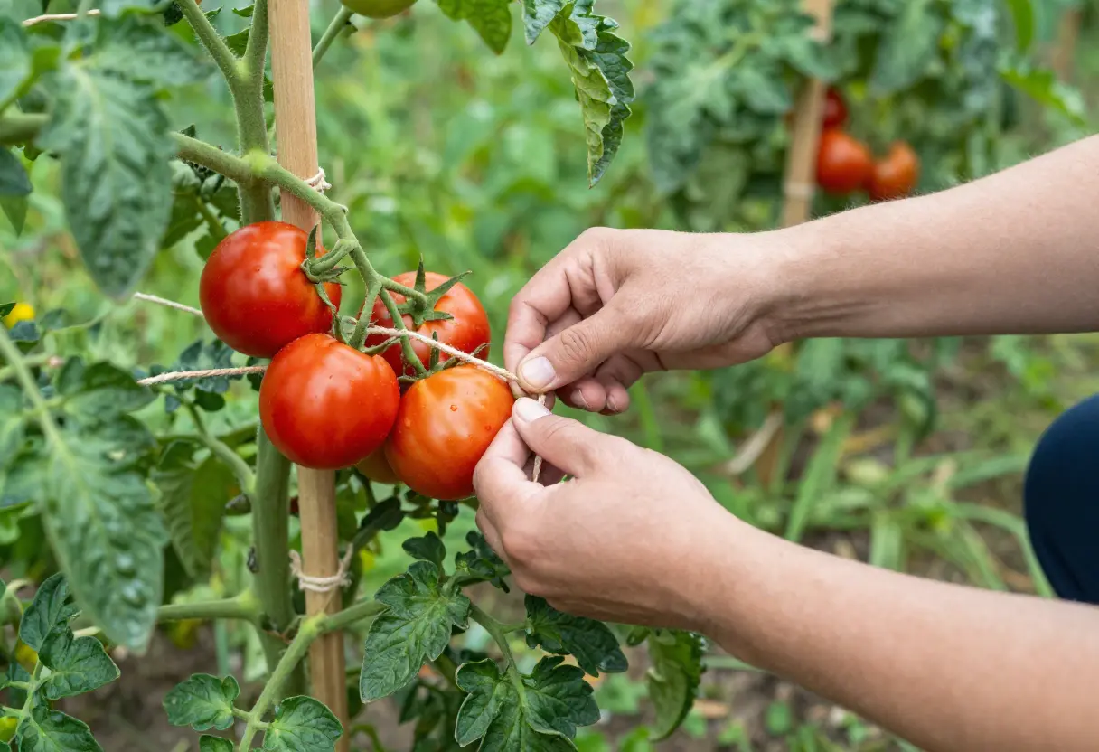 Hands adjusting ties on tomato plant, demonstrating proper Supporting a Tomato Plant techniques.