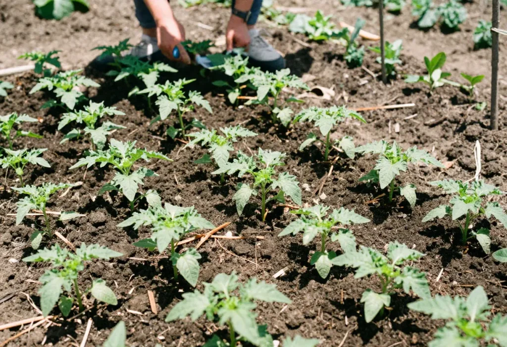 Close-up of hands planting tomato seedlings, illustrating When Do I Plant Tomatoes successfully.