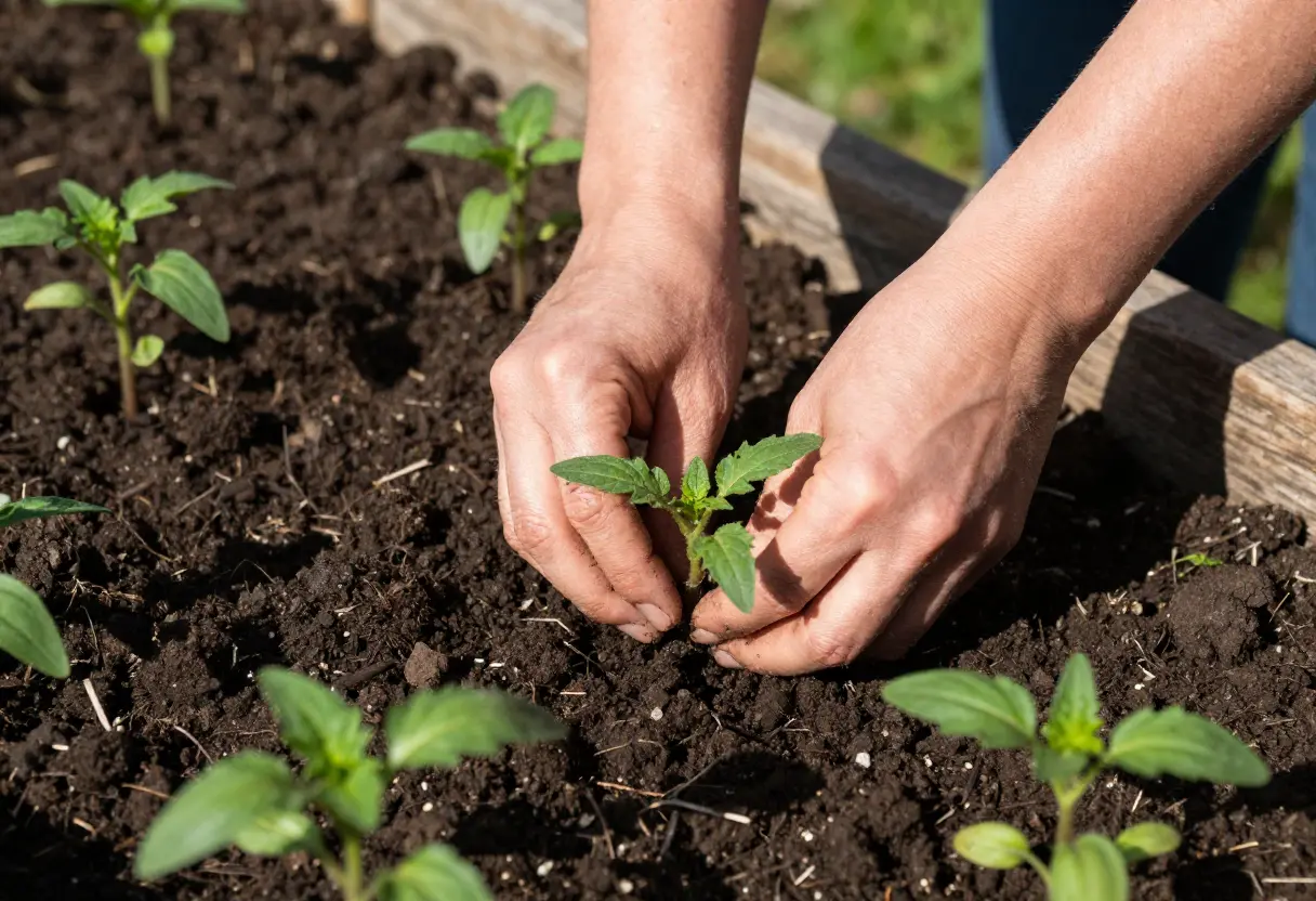 When Do I Plant Tomatoes: Young tomato seedlings ready for transplanting into a sunny garden bed.