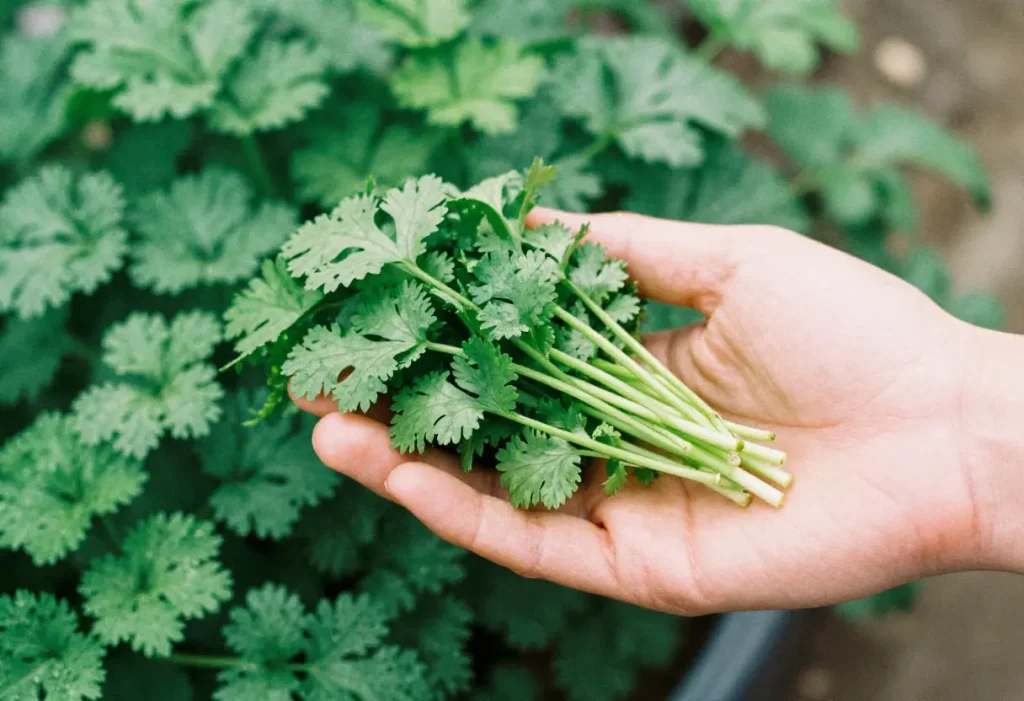 Step-by-step guide image for When to Harvest Cilantro, highlighting mature leaves ready for cooking.