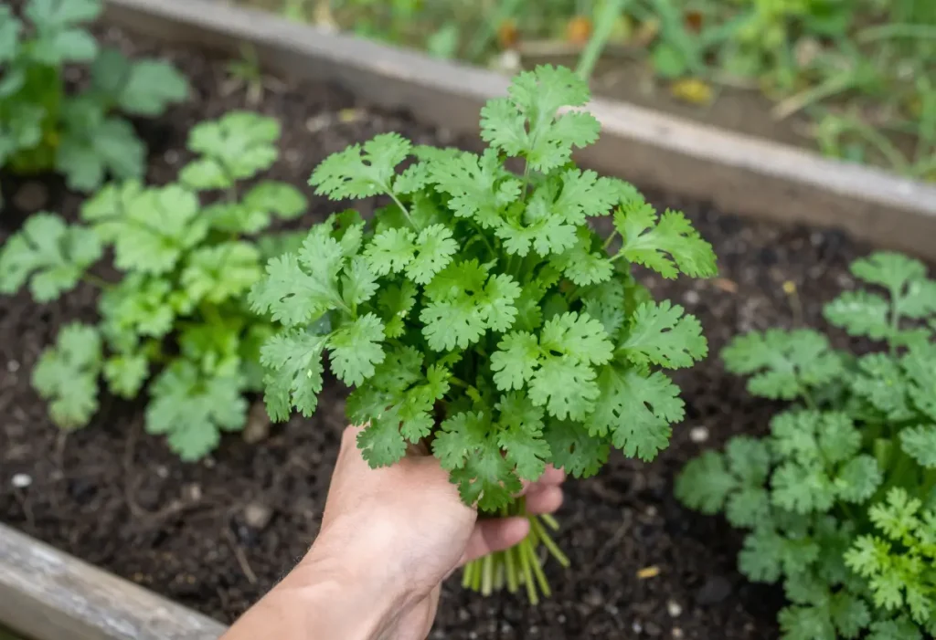 Step-by-step guide image for When to Harvest Cilantro, highlighting mature leaves ready for cooking.