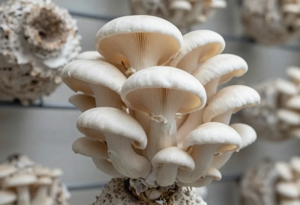 When to Harvest Oyster Mushrooms: Cluster of mushrooms ready for harvesting from a grow bag.