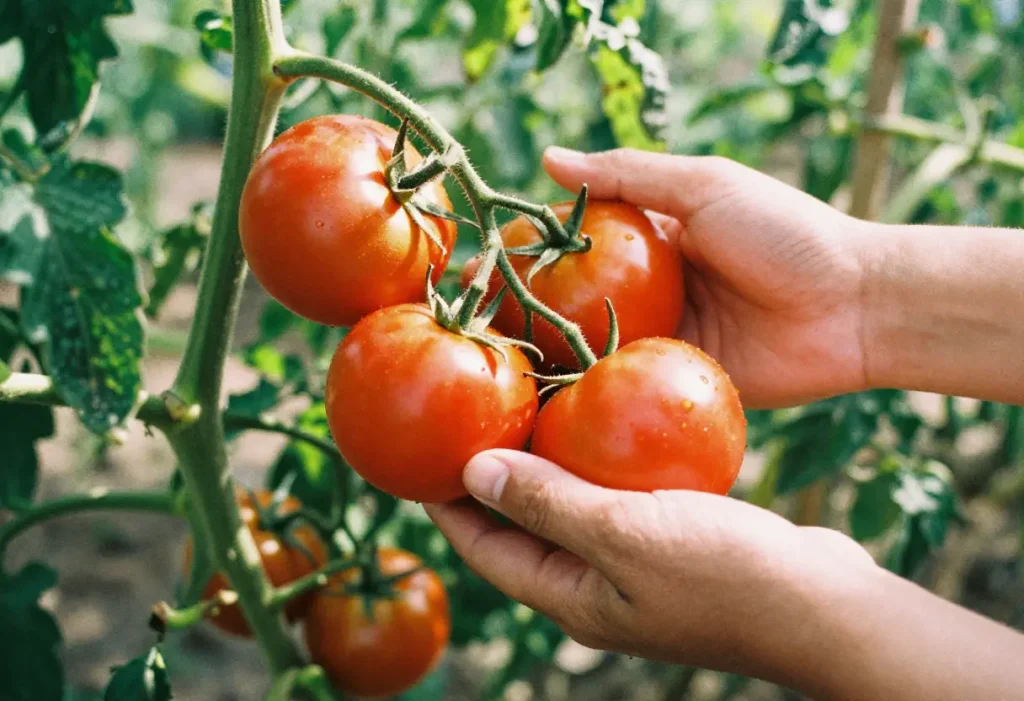 gardener harvesting red tomatoes from backyard garden illustrating when to pick tomatoes
