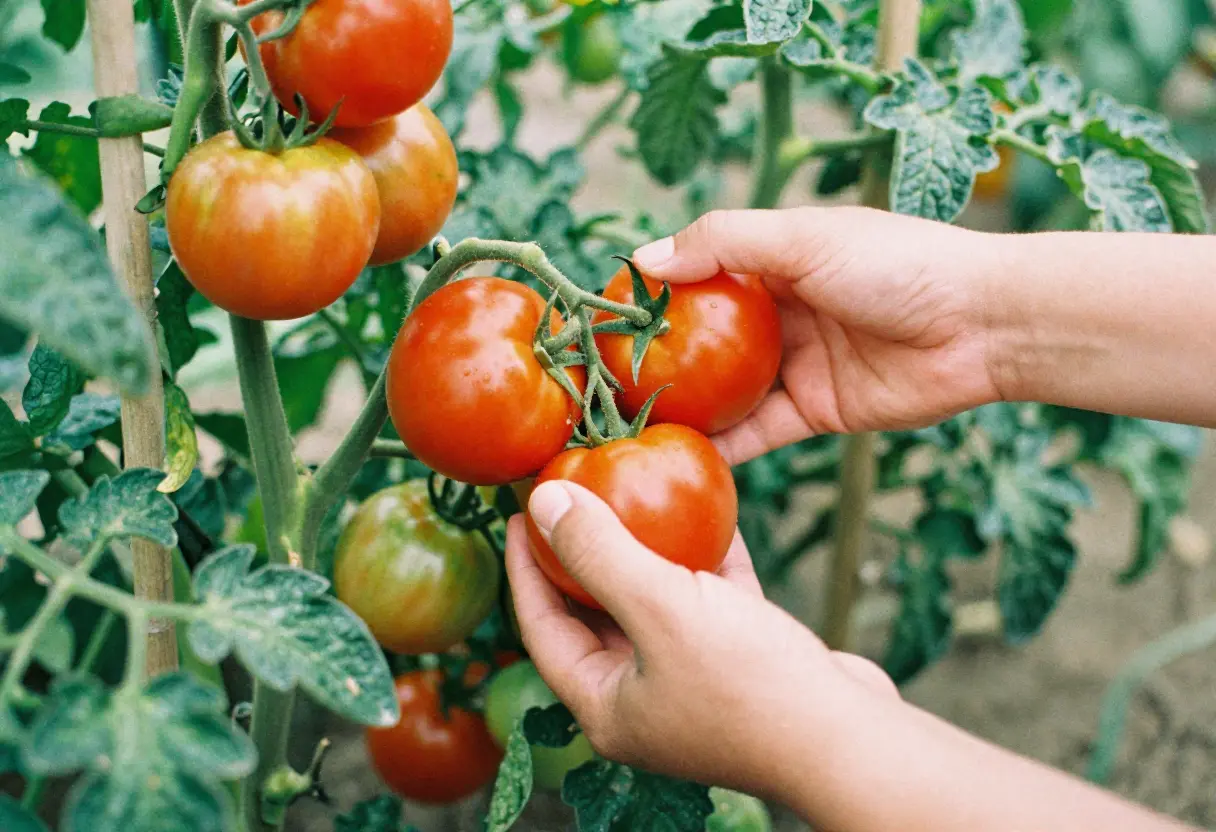 ripe tomatoes on vine showing when to pick tomatoes for best flavor