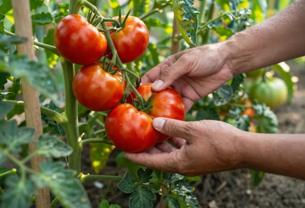 ripe and unripe tomatoes on vine showing visual cues for when to pick tomatoes