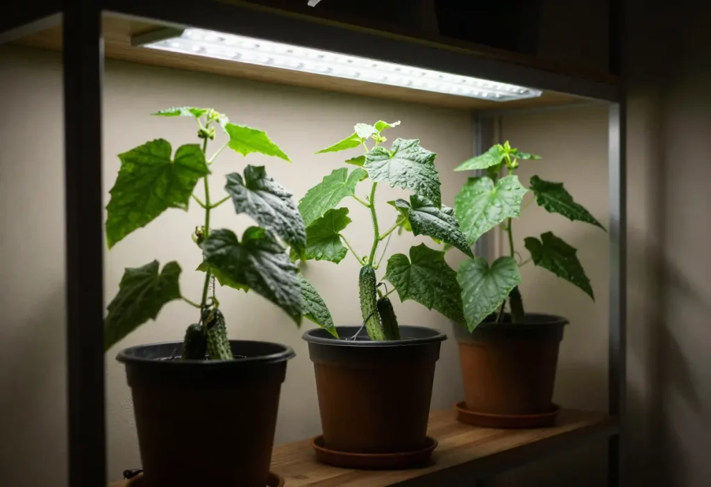 Indoor gardening setup illustrating When to Start Cucumber Seeds Indoors with grow lights