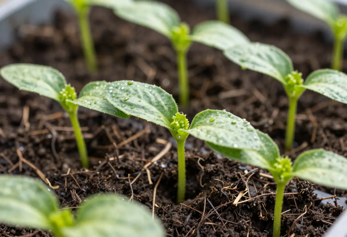 When to Start Cucumber Seeds Indoors: Small cucumber seeds planted in seed trays with moist soil