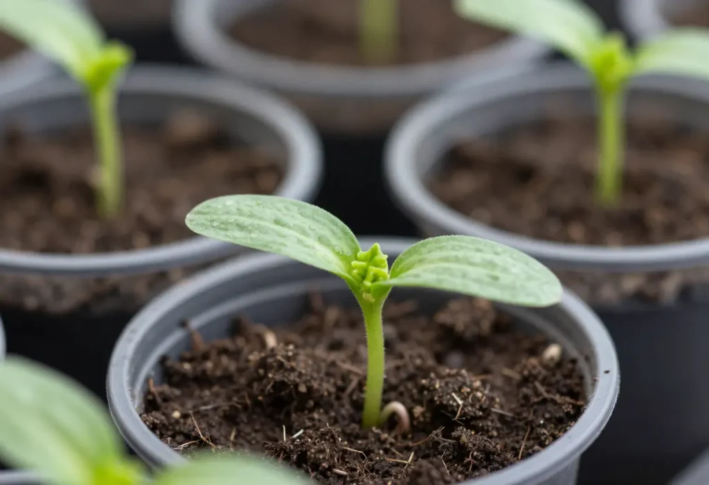 When to Start Cucumber Seeds Indoors: Healthy seedlings emerging in a warm indoor environment.